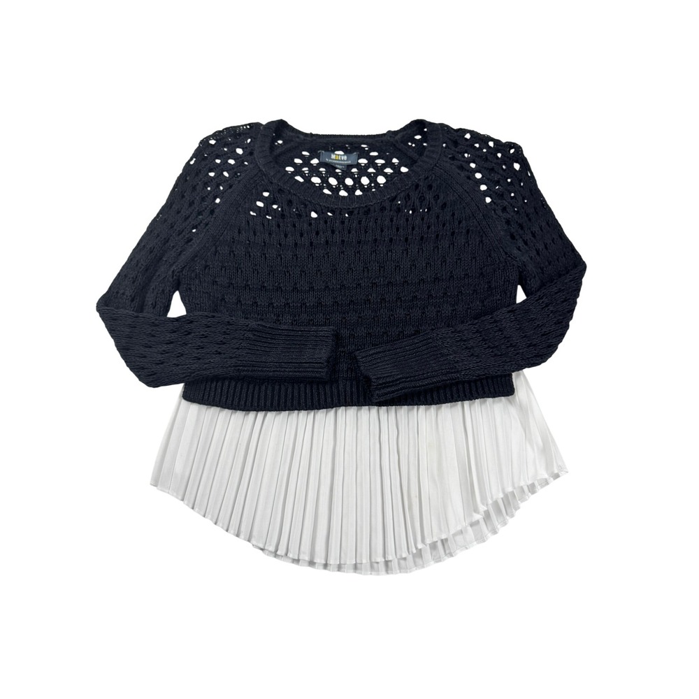 Maeve by Anthropologie Mixed Media Pleated Hem Knit Sweater Top Black White XS